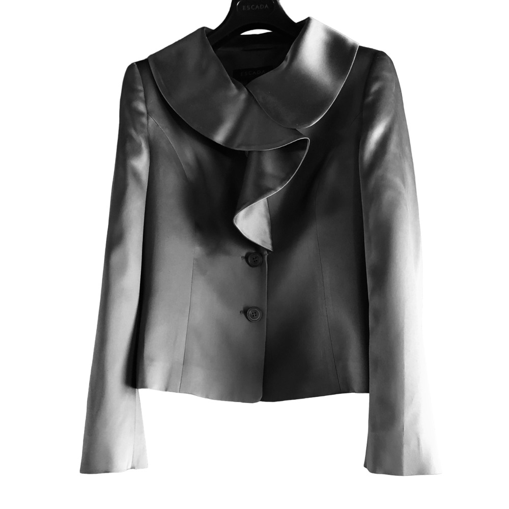 Escada Gray 100% Silk Top/Jacket with ruffle front